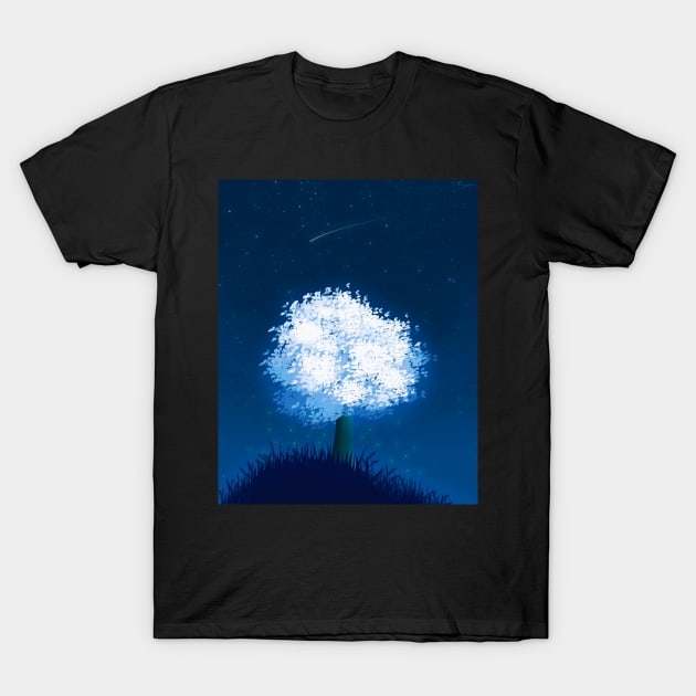 Nighttime Luminescent Glowing Tree Fantasy Scene - Beautiful Fireflies Anime Nature T-Shirt by DotNeko